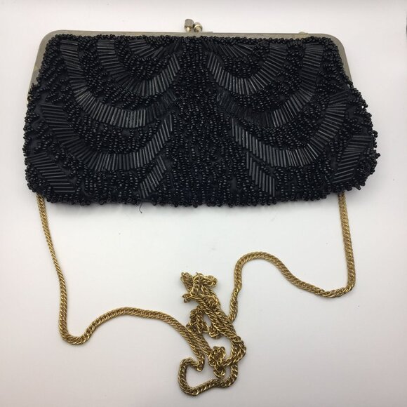 Vintage Handmade Hong Kong Black Silk Beaded Purse Prom Evening Bag Gold Chain - Picture 3 of 10